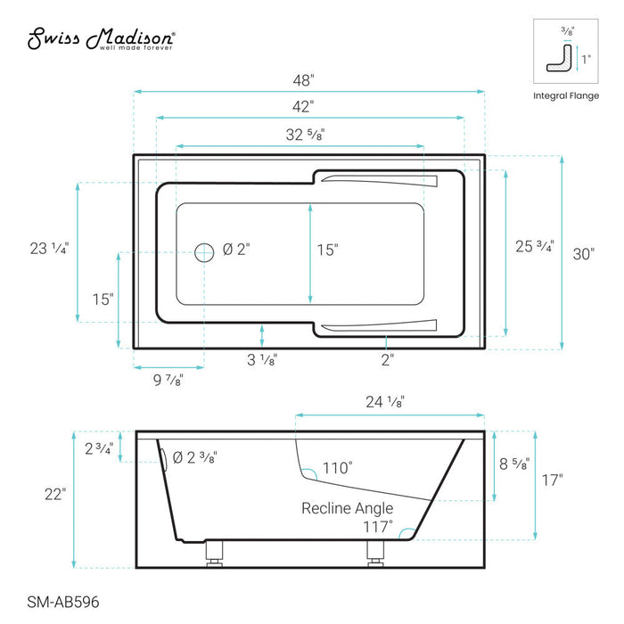 Swiss Madison Voltaire 48" x 30" Left-Hand Drain Alcove Integrated Armrest Bathtub with Apron | SM-AB596