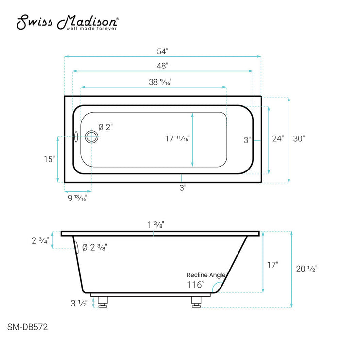 Swiss Madison Voltaire 54" x 30" Reversible Drain Drop-In Bathtub | SM-DB572