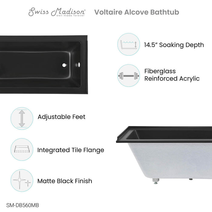 Swiss Madison Voltaire 60" x 30" Right-Hand Drain Alcove Bathtub in Matte Black | SM-DB560MB