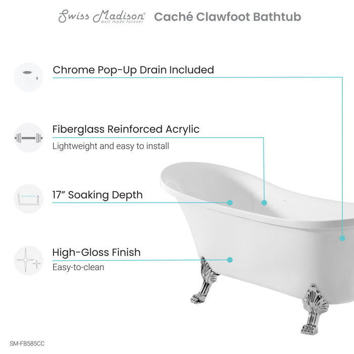 Swiss Madison Cache Single Slipper, Clawfoot Soaking Acrylic Bathtub, Chrome Clawfoot | SM-FB585CC